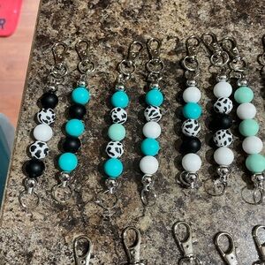 Beaded Keychain Wristlet - Turquoise, Black & White